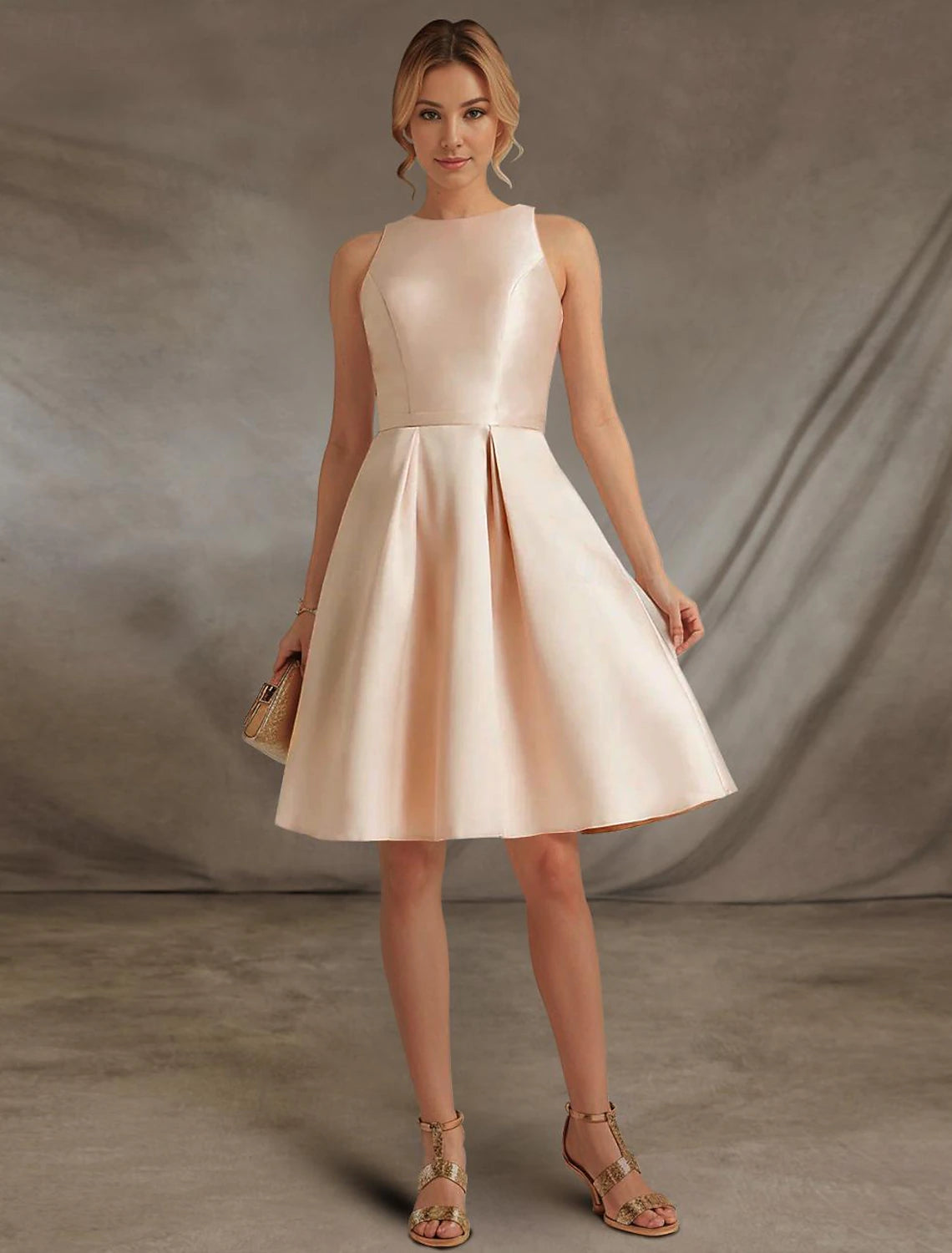 A-Line Cocktail Dresses Party Dress Wedding Guest Homecoming Short  Mini Sleeveless Jewel Neck Pink Dress Satin with Lace Insert Derby Dresses