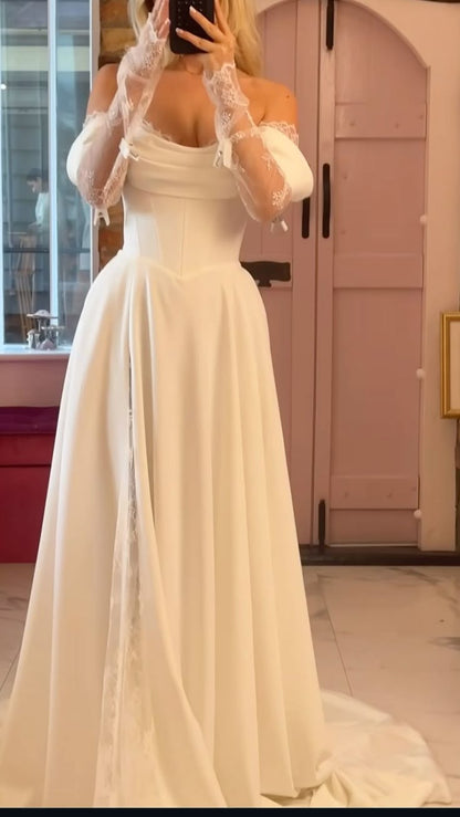 Off Shoulder Long Lace Long Sleeves Wedding Dress Bridal Gown