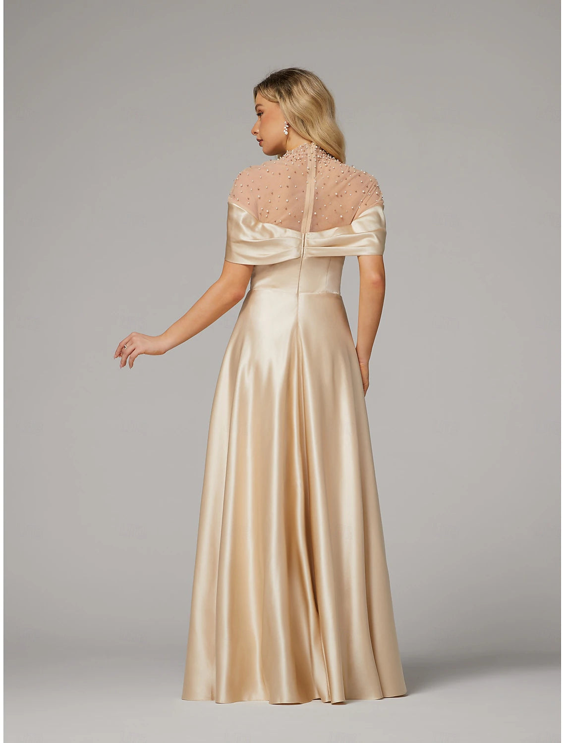 A-Line Evening Gown Elegant Dress Formal Floor Length Short Sleeve Illusion Neck Satin with Ruched Beading
