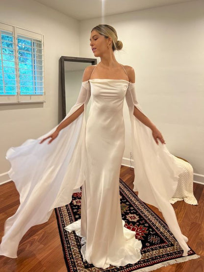 Wedding dress soft satin long backless simple bridal gown with detachable flared sleeves