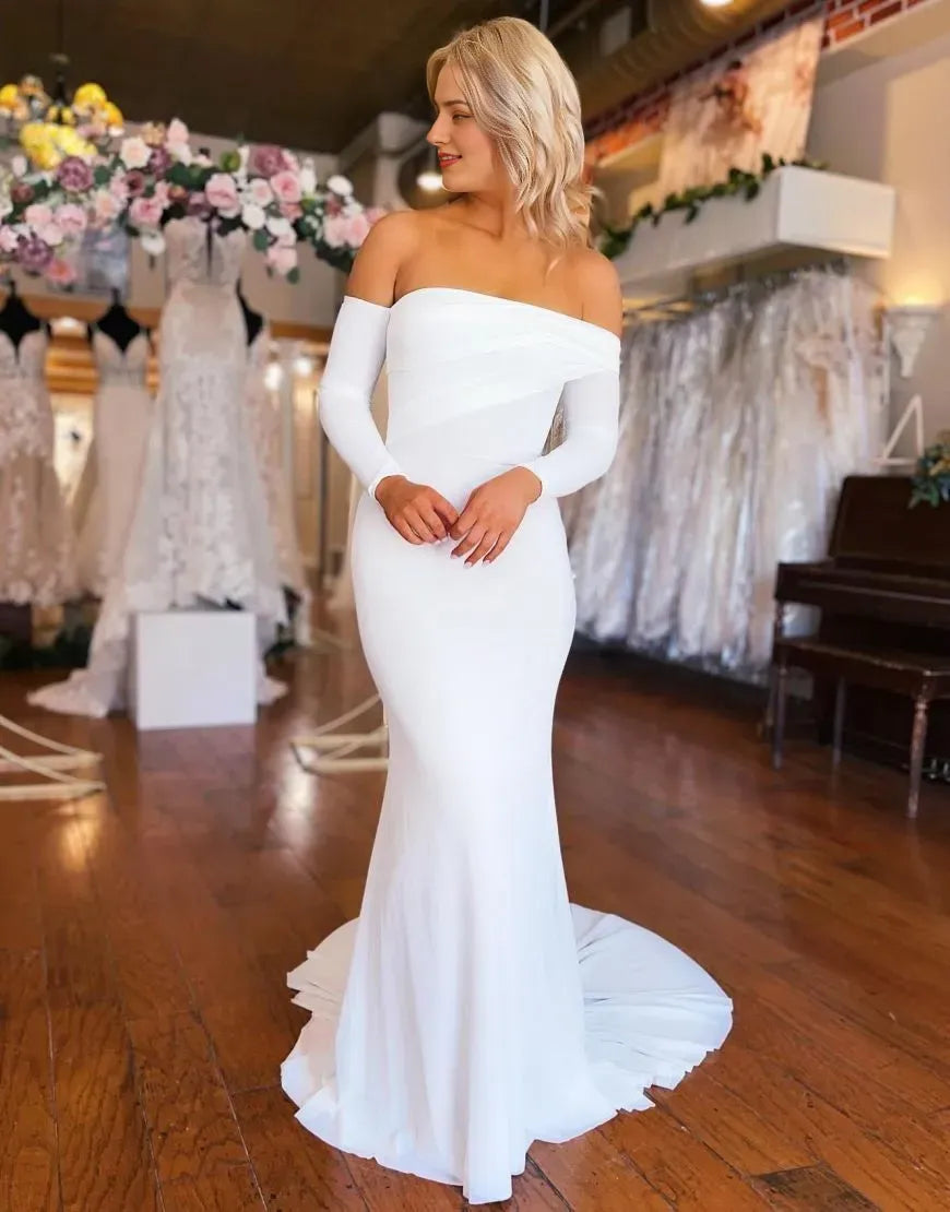 Elegant Mermaid Stretch Satin Off The Shoulder Sleeves Wedding Dress