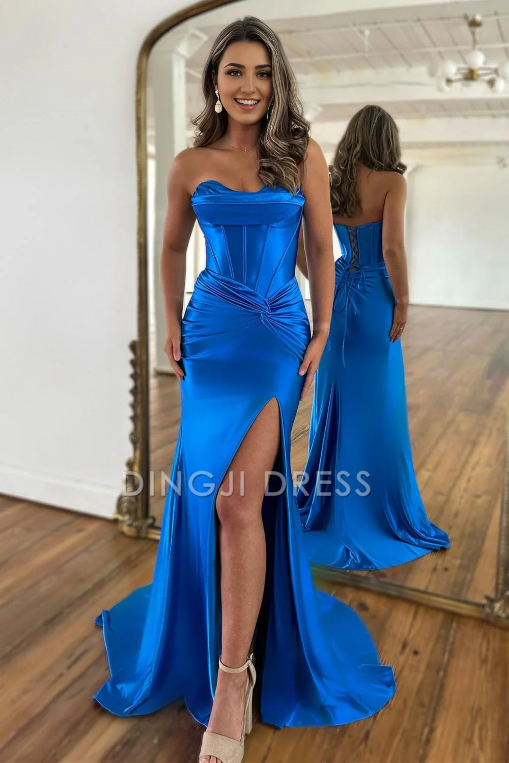 DingJiDress Satin Mermaid Strapless Lace Up Long With Split Fashion Prom Dress