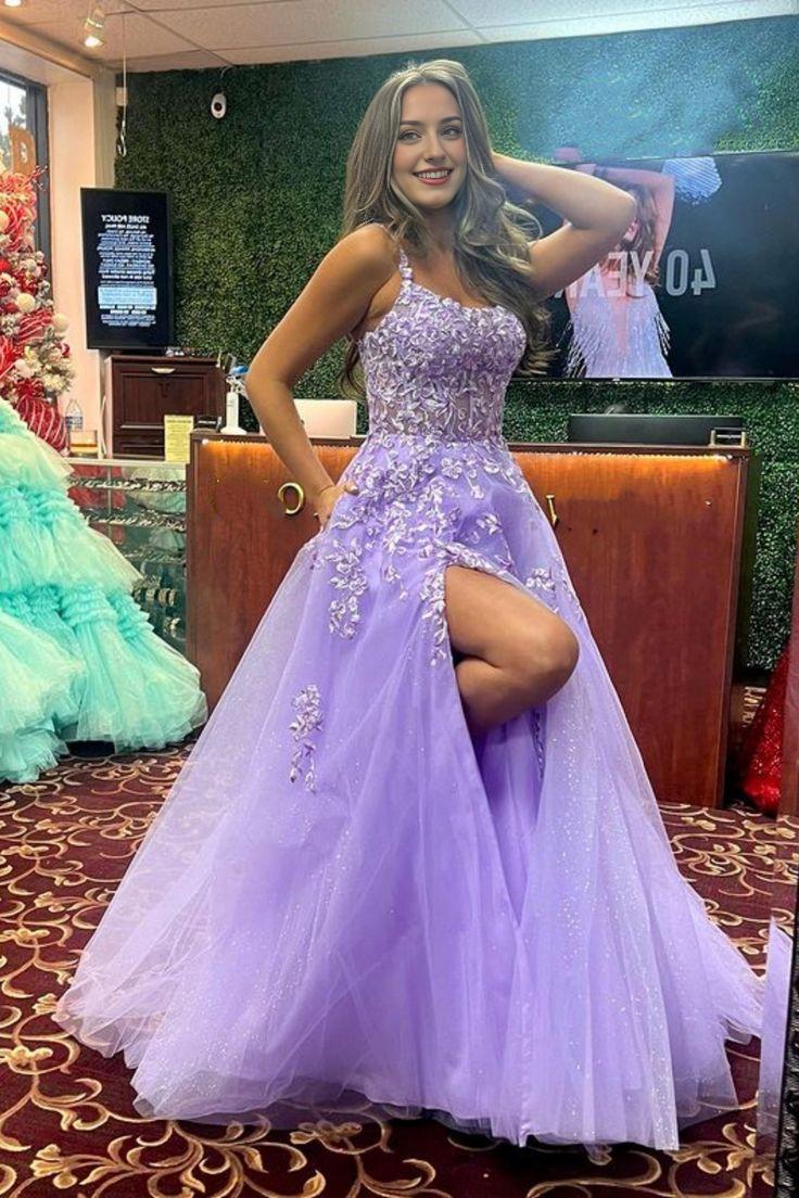 Shiny Purple Lace Long Prom Dress with High Slit Purple Lace Formal Dress Purple Evening Dress