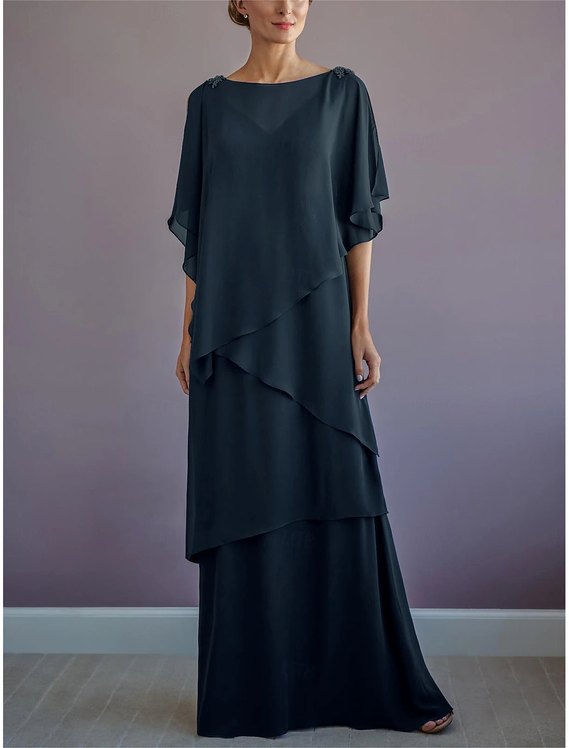 Beach Wedding A-Line Mother of the Bride Dress Formal Wedding Guest Elegant Bateau Neck Floor Length Chiffon Half Sleeve with Ruffles Draping Tier