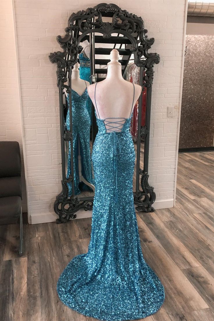 Blue suspender sequin mermaid long formal dress