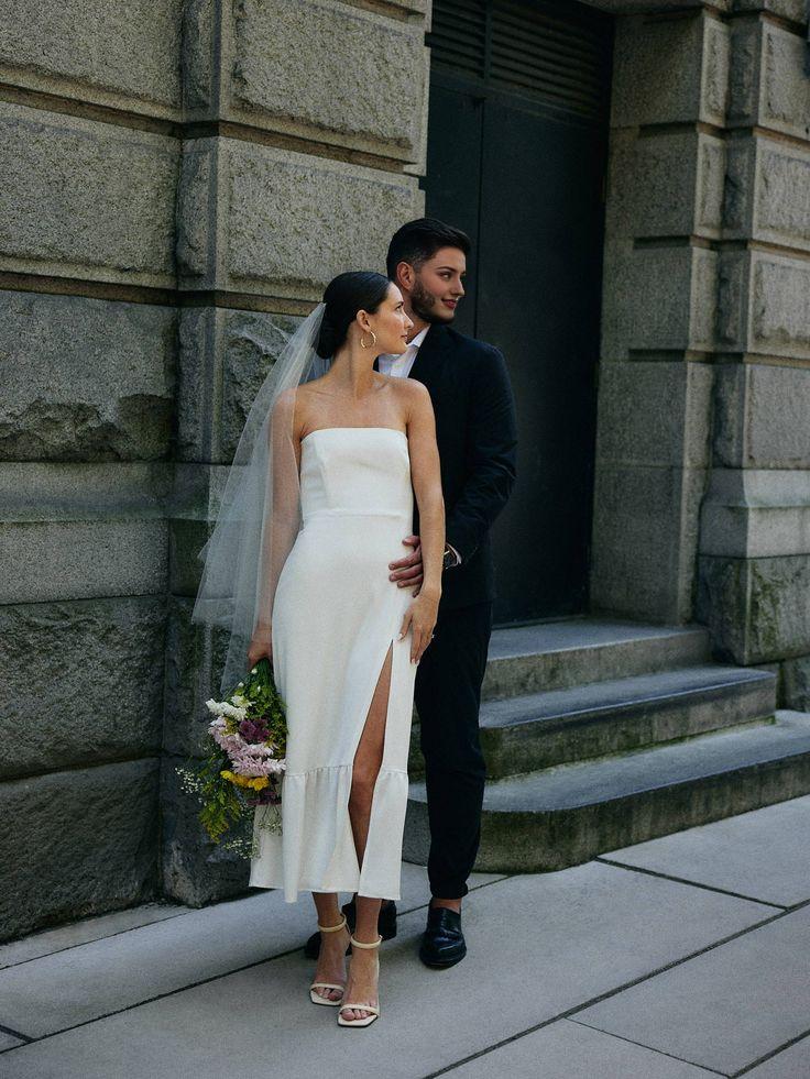 Long Simple Wedding Dress with Thin Straps Simple Strapless Sleeveless Satin Sheath Wedding Dress With Slit