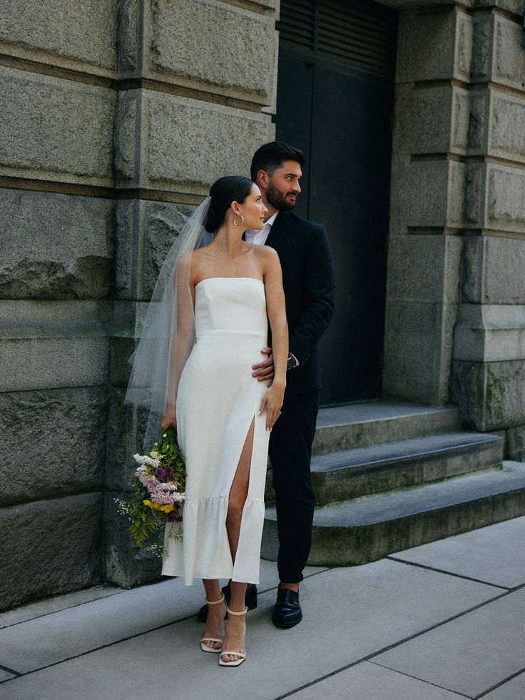 Simple Strapless Sleeveless Satin Sheath Midi Wedding Dress With Slit