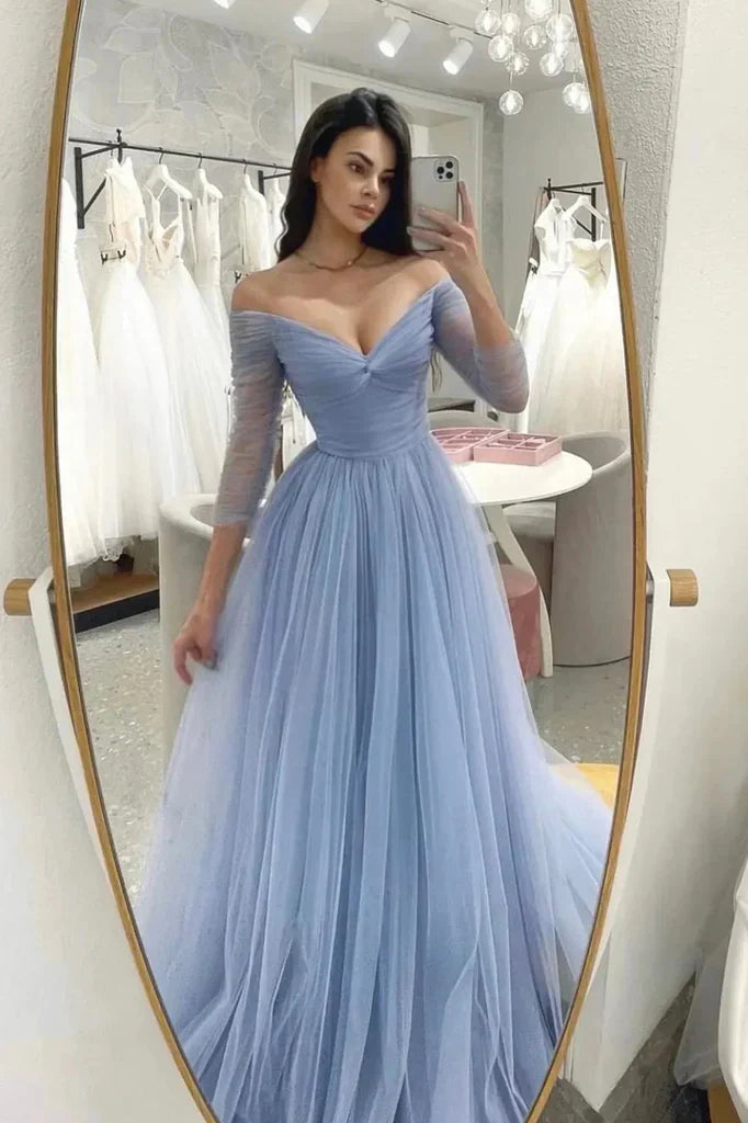 Light blue chiffon long A-line dance dress formal evening gown