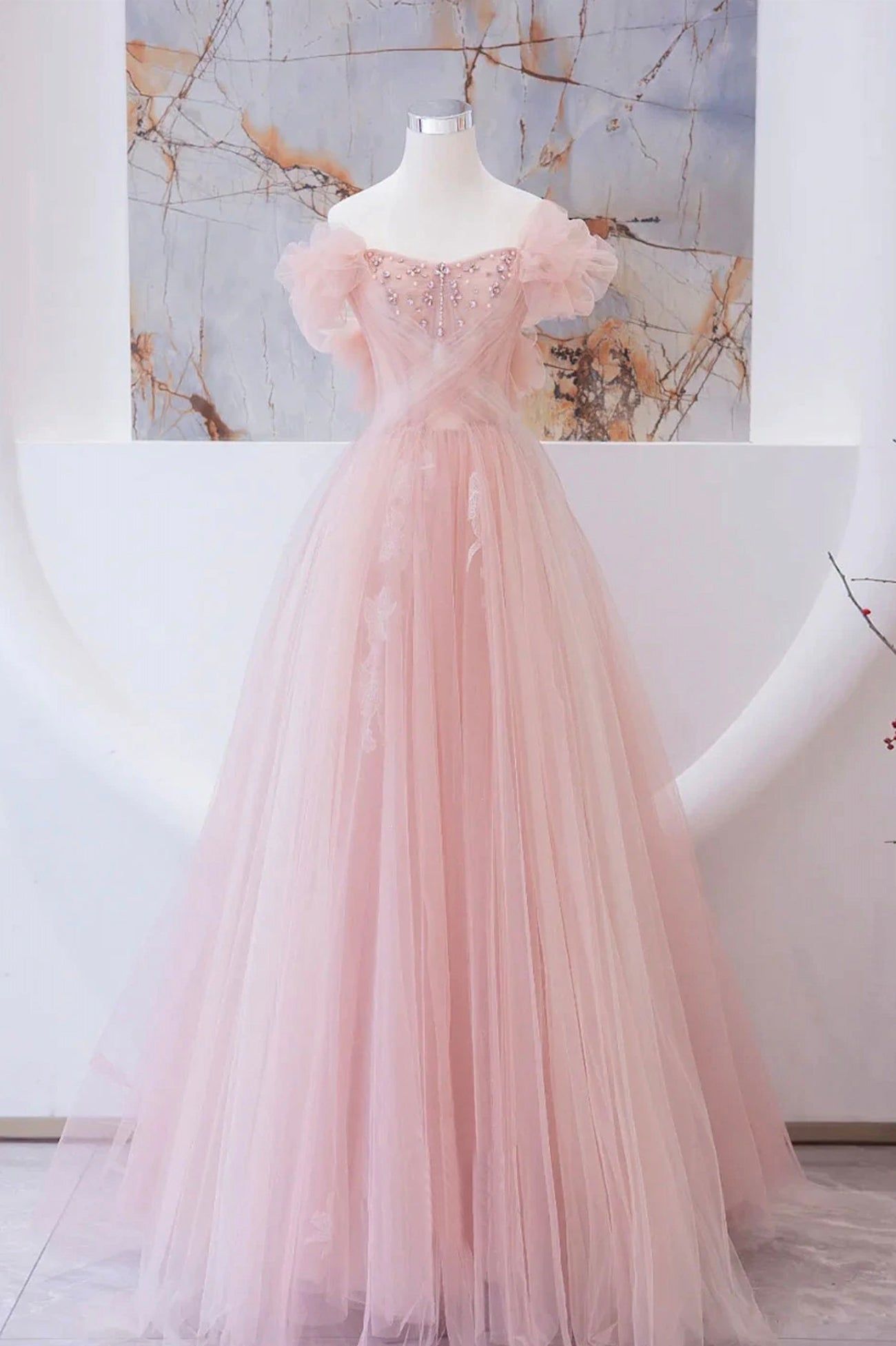 Tulle Beaded Long Prom Dress A-Line Evening Party Dress