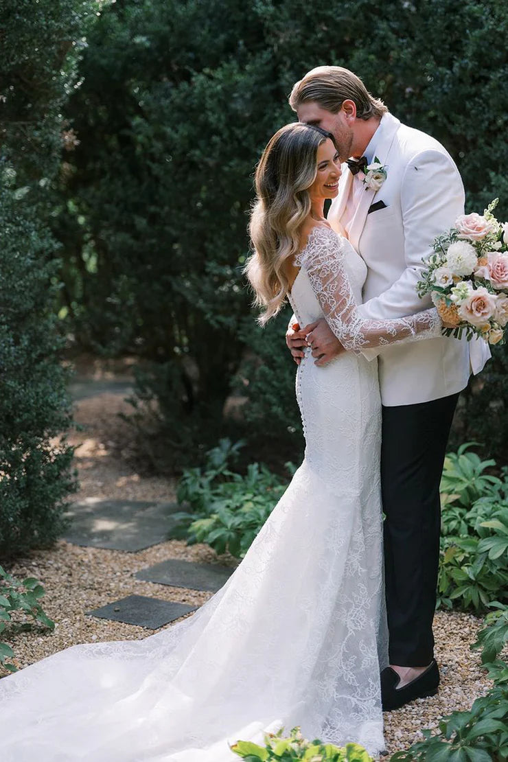 Mermaid V Neck Lace Long Wedding Dresses