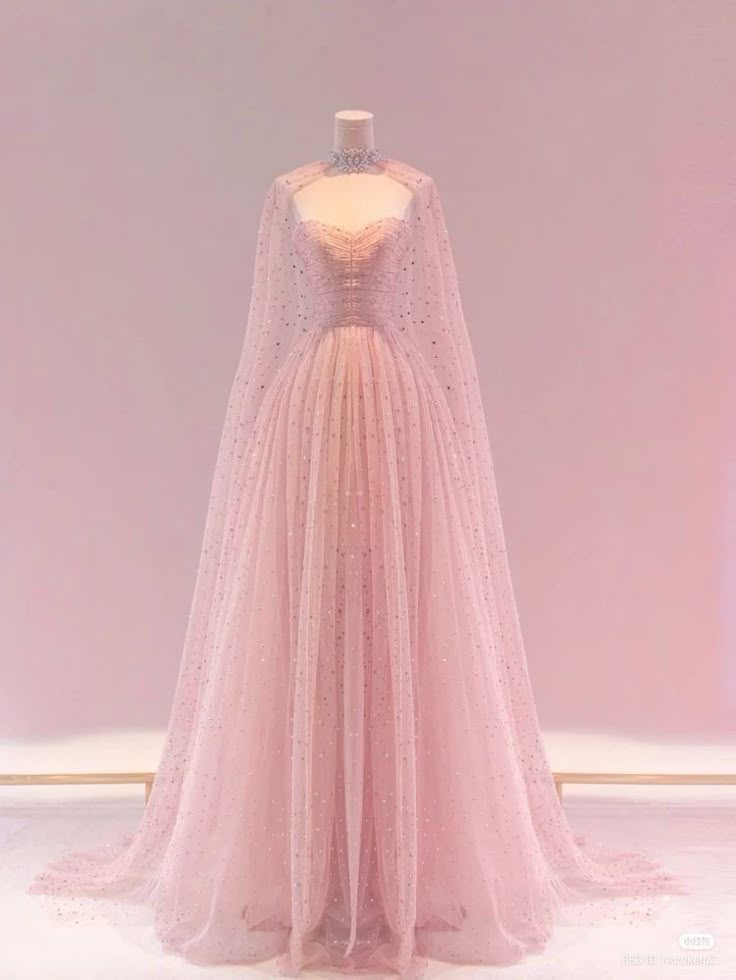 Pink Tulle Sequin Evening Dress Prom Party Dress With Cape