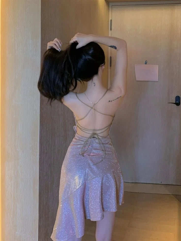 Women's Shiny Sleeveless Dress Sexy Party Backless Tight Bodycon New Mermaid Chic Dress Homecoming Dress