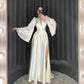 Satin Flare Long Sleeve Wedding Dresses Side Split Deep V Neck Bride Dress