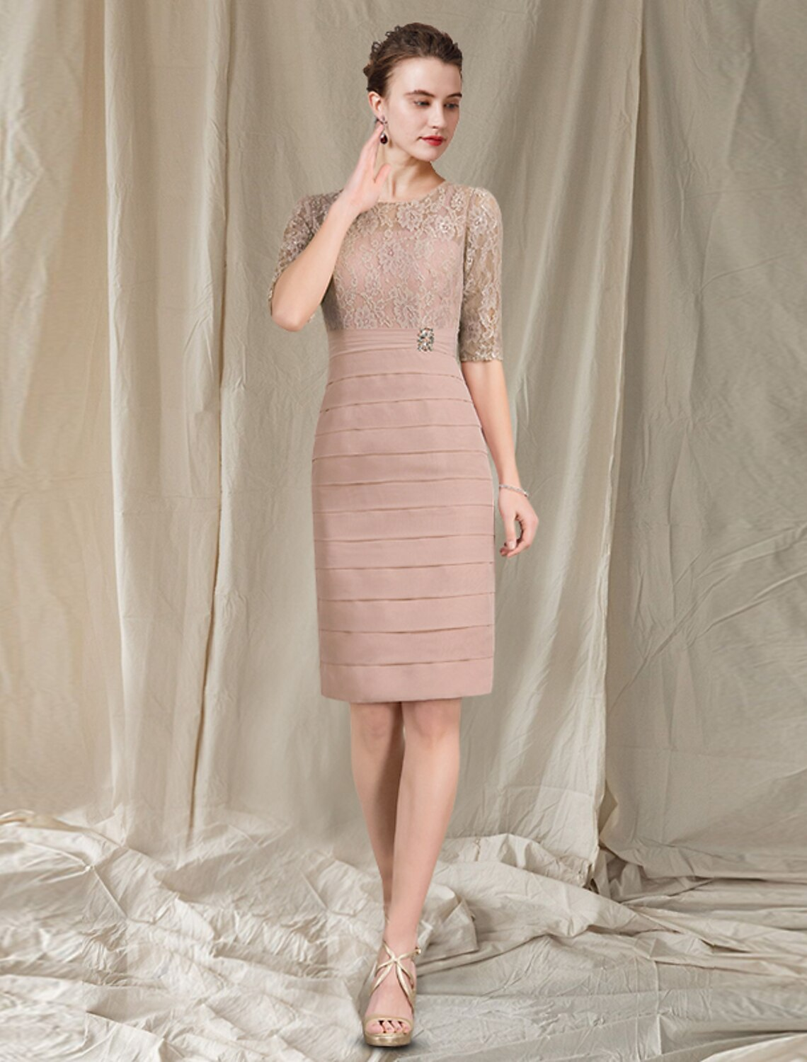 Two Piece Mother of the Bride Dress Church Elegant Knee Length Chiffon Short Sleeve Wrap Included with Tier