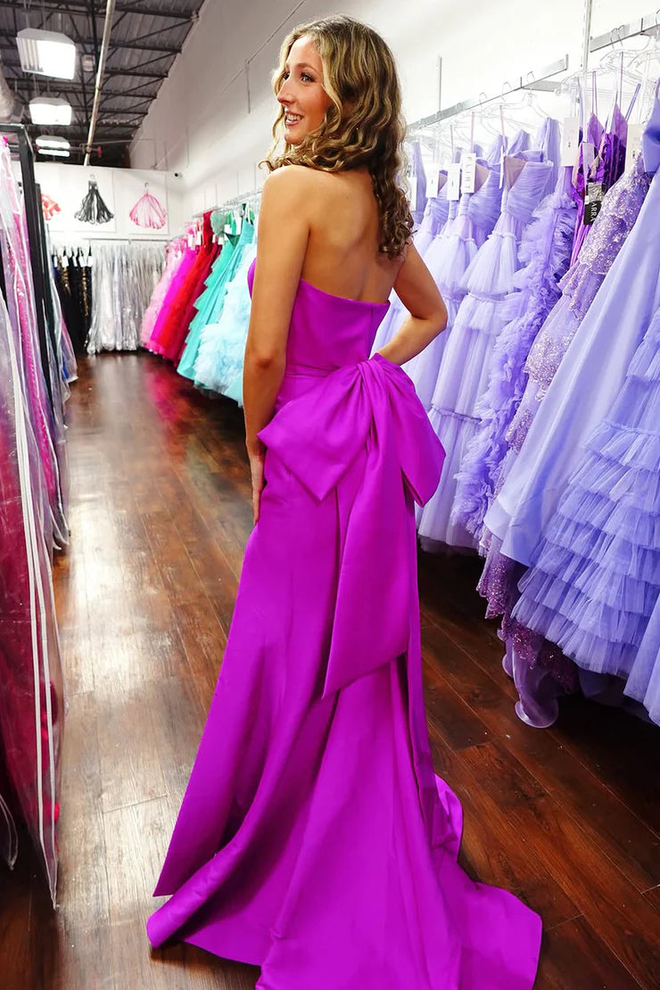 Mermaid strapless purple red satin long ball dress with bow tie