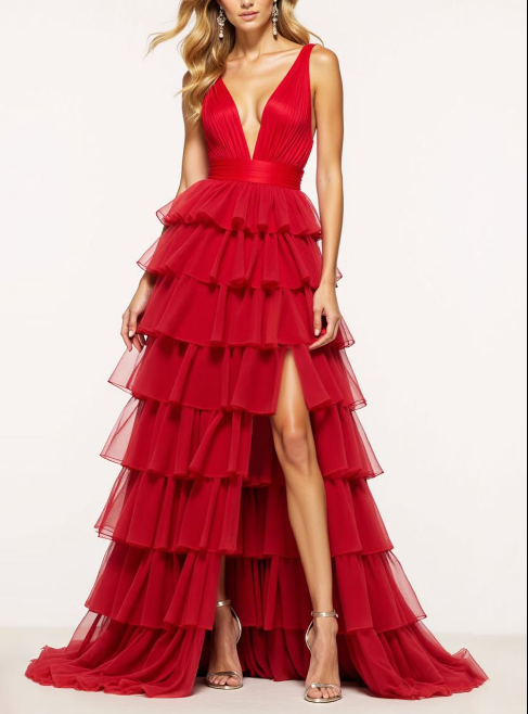 Red A Line Tulle Deep V-Neck Long Tiered Prom Dress with Ruffles