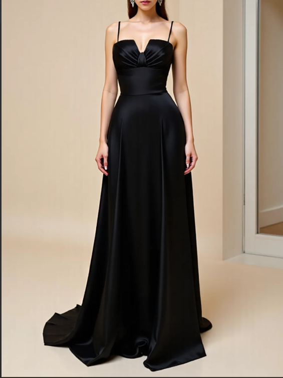 Black A Line Spaghetti Straps Satin Long Prom Dress