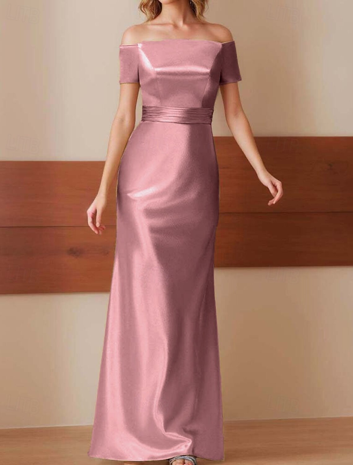 Sheath Column Evening Gown Elegant Dress Formal Performance Floor Length Short Sleeve Off Shoulder Glossy Satin