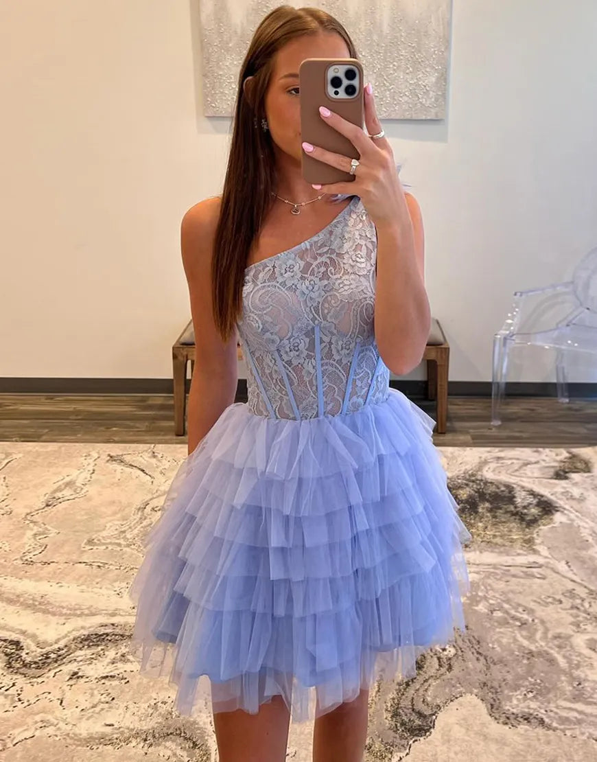 Elegant short shoulder A-line layered chiffon party dress