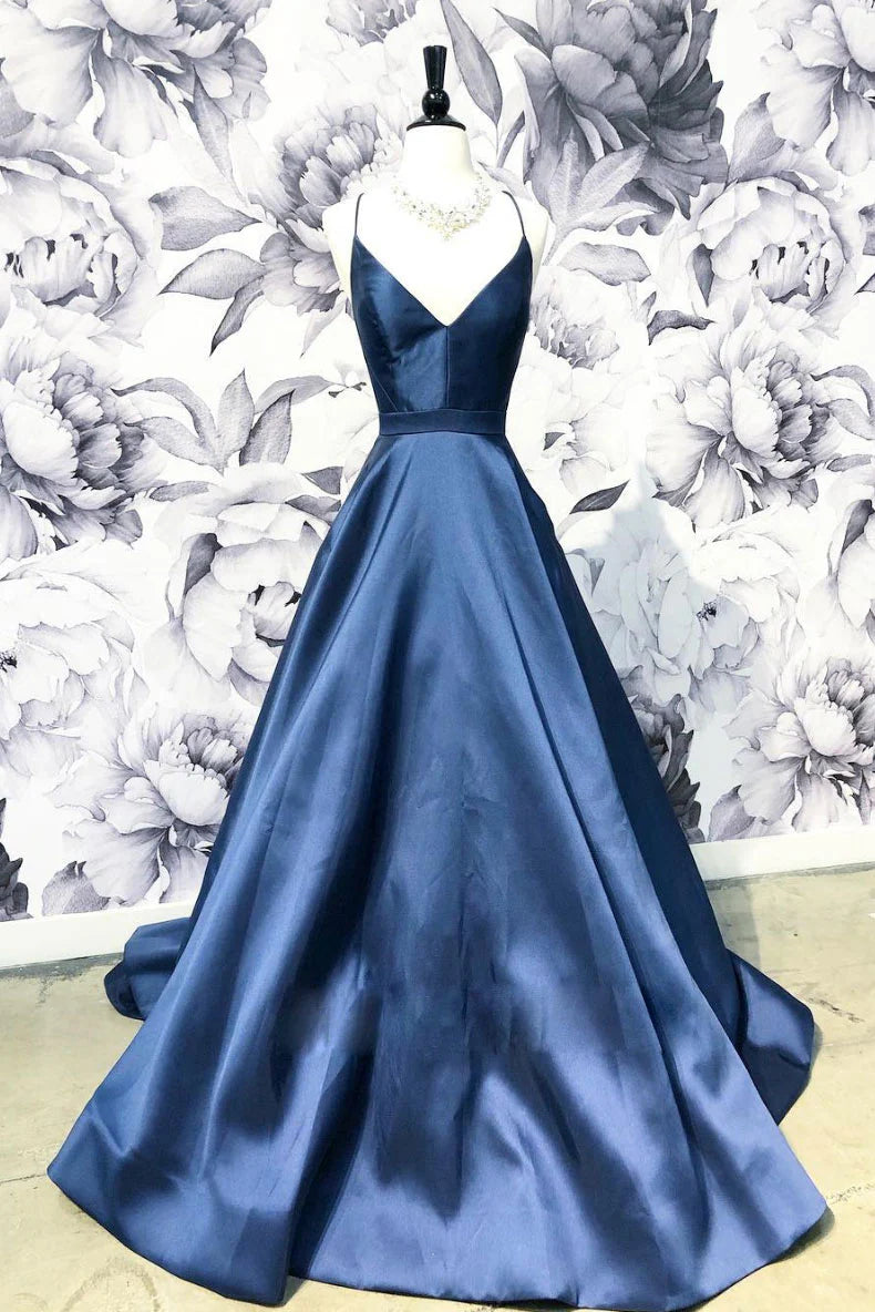 Simple v neck dark blue long prom dress blue evening dress