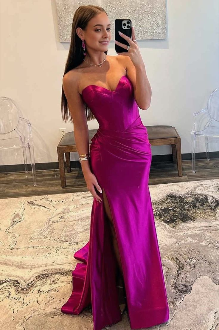Mermaid strapless purple red satin mermaid dance dress with slit