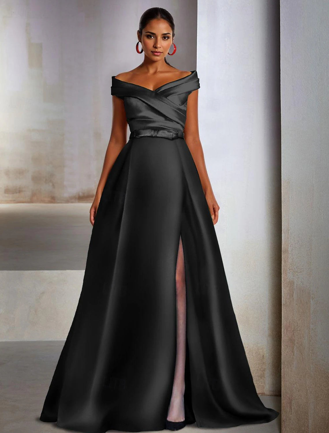 A-Line Evening Gown Elegant Dress Wedding Guest Black Tie Floor Length Sleeveless Off Shoulder Pocket Satin with Slit