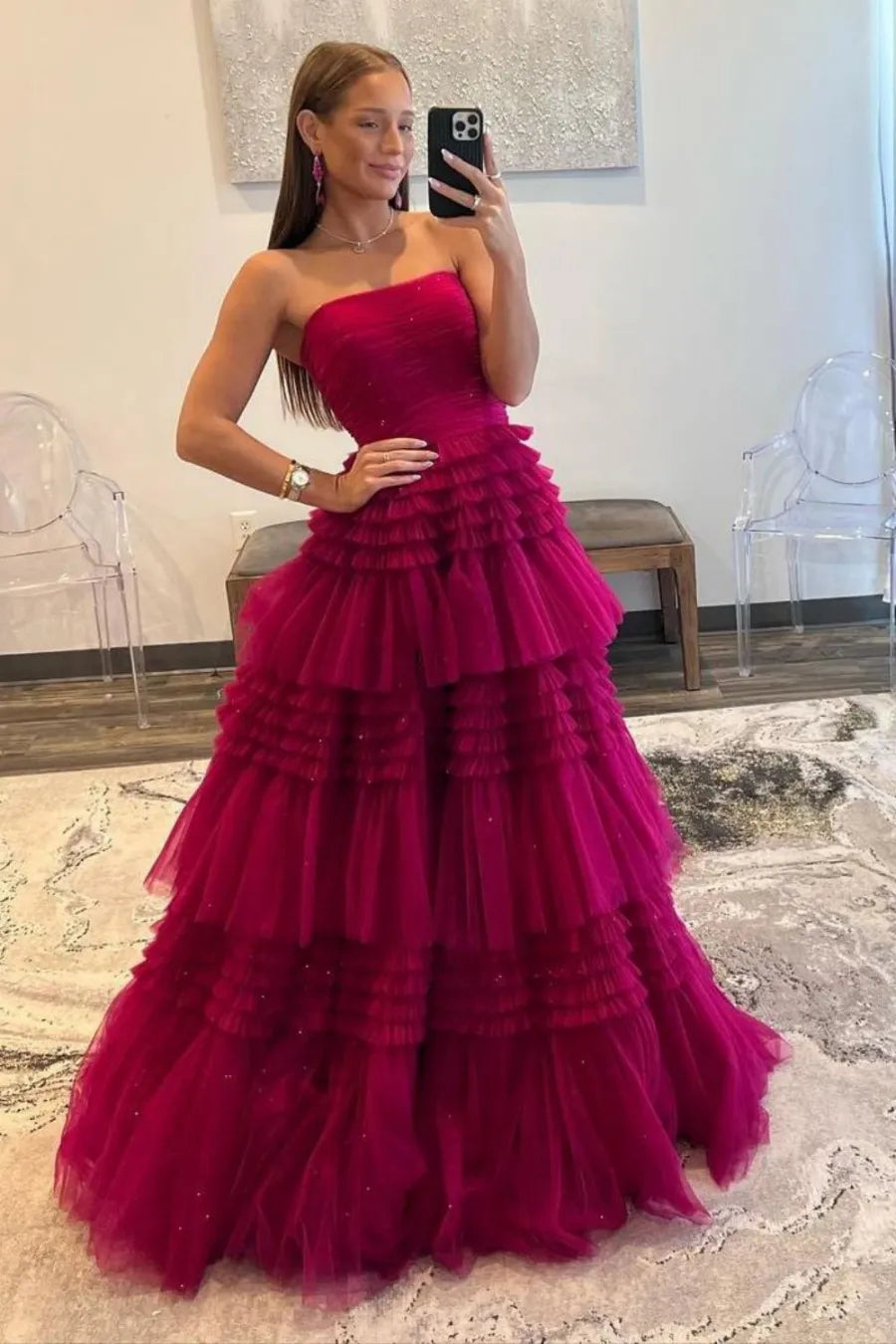 Fashionable and elegant A-line strapless long slit chiffon multi-layer dance party dress