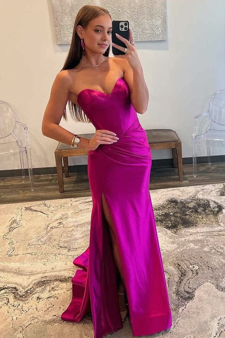 Mermaid strapless purple red satin mermaid dance dress with slit