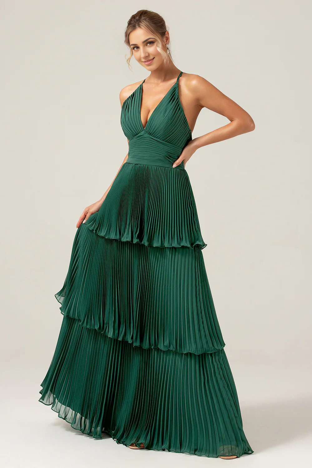 DingJiDress A-Line Wedding Guest Dresses Halter Tiered Floor Length Chiffon Long Bridesmaid Dress