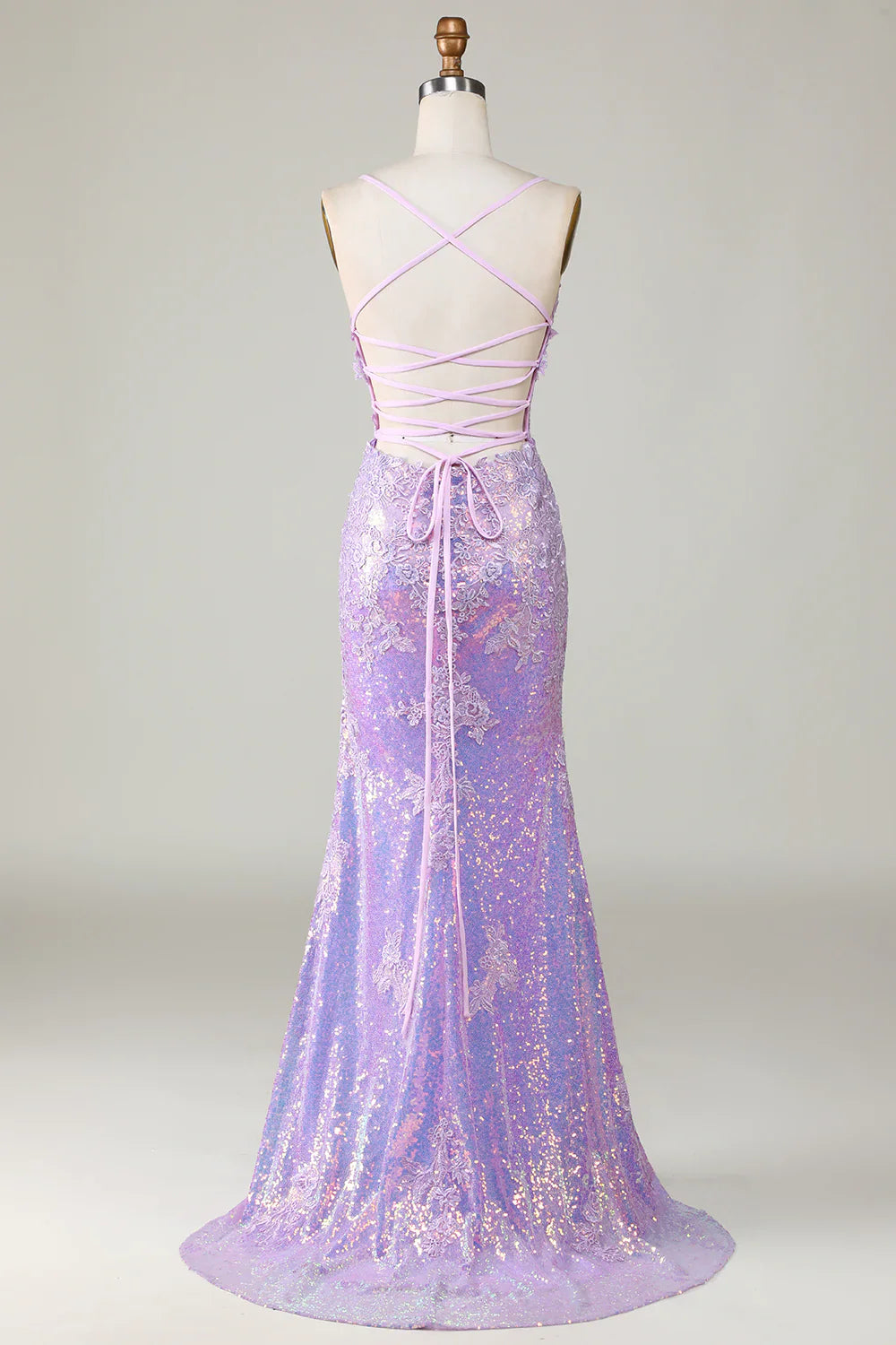 DingJiDress Sparkly Mermaid Spaghetti Straps Purple Corset Prom Dress with Slit