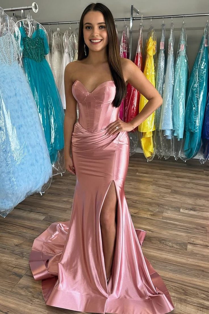 Mermaid strapless purple red satin mermaid dance dress with slit