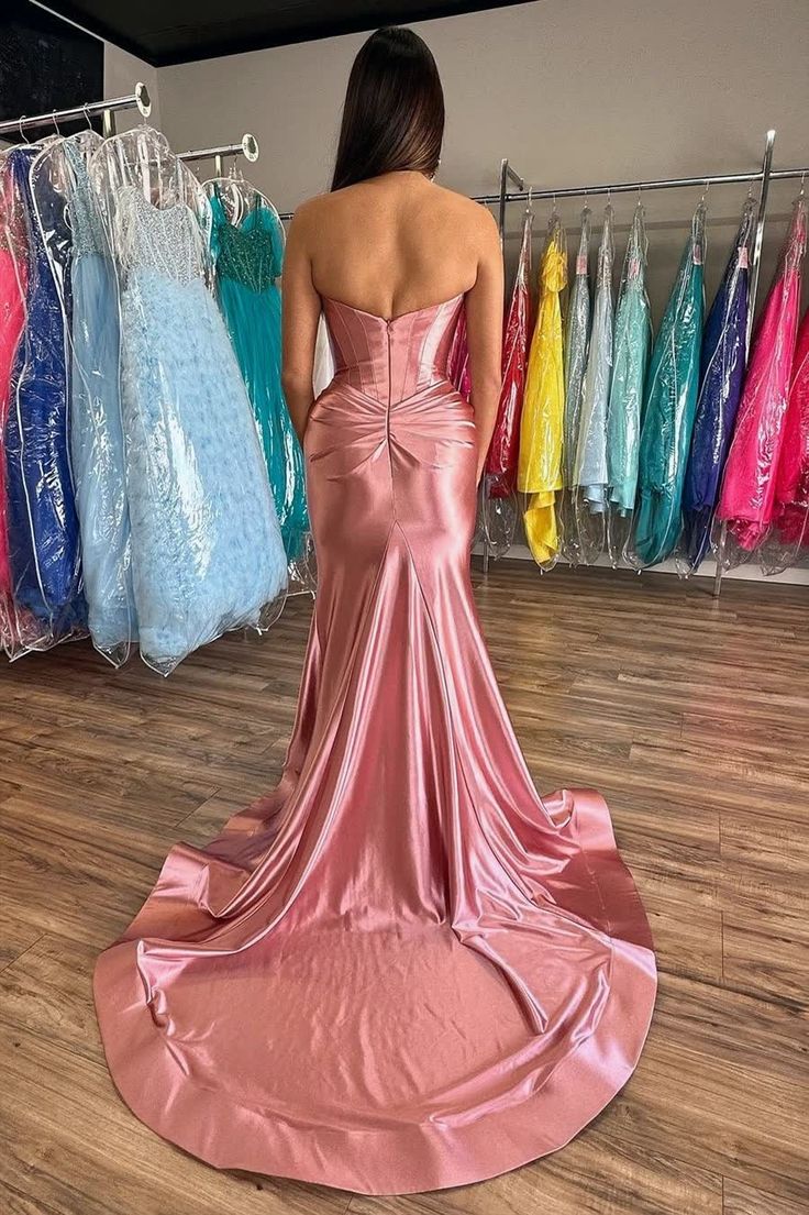 Mermaid strapless purple red satin mermaid dance dress with slit