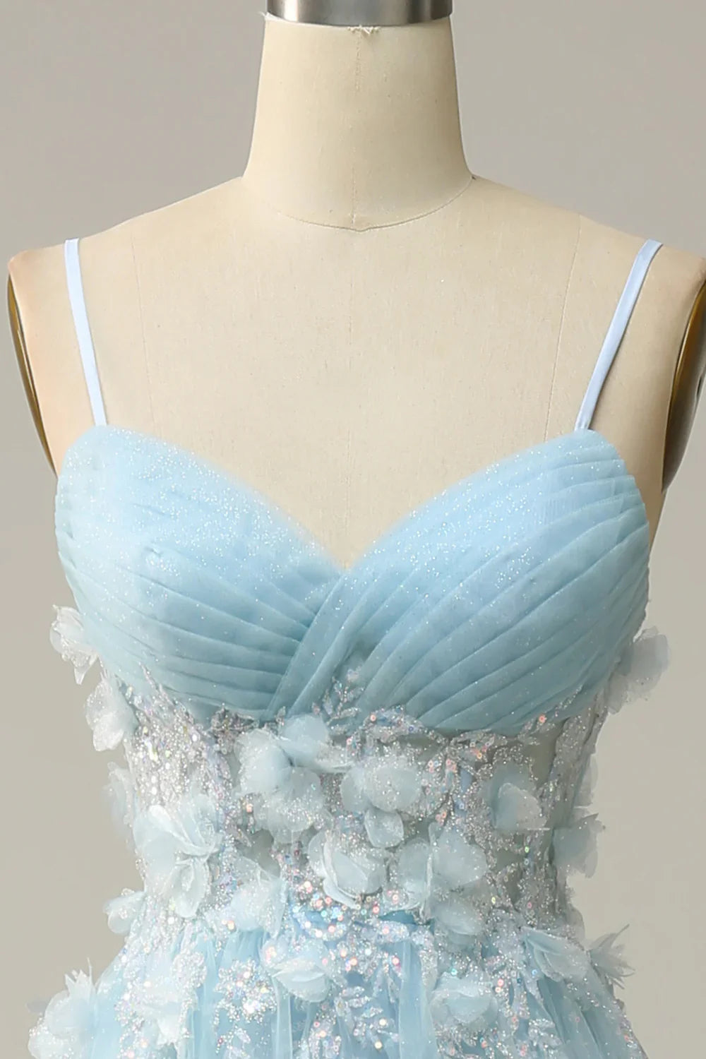 DingJiDress A Line Spaghetti Straps Sky Blue Prom Dress with Appliques