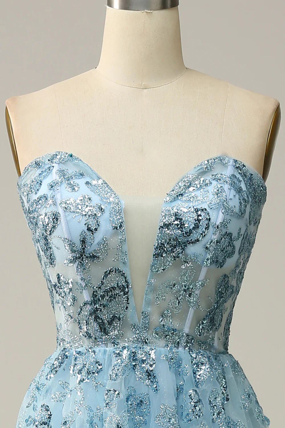 DingJiDress A Line Midi Sweetheart Sequins Sky Blue Prom Dress