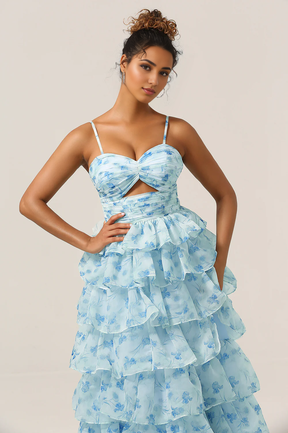 DingJiDress Blue Flower A-Line Prom Dresses Spaghetti Straps Tiered Floor Length Dress