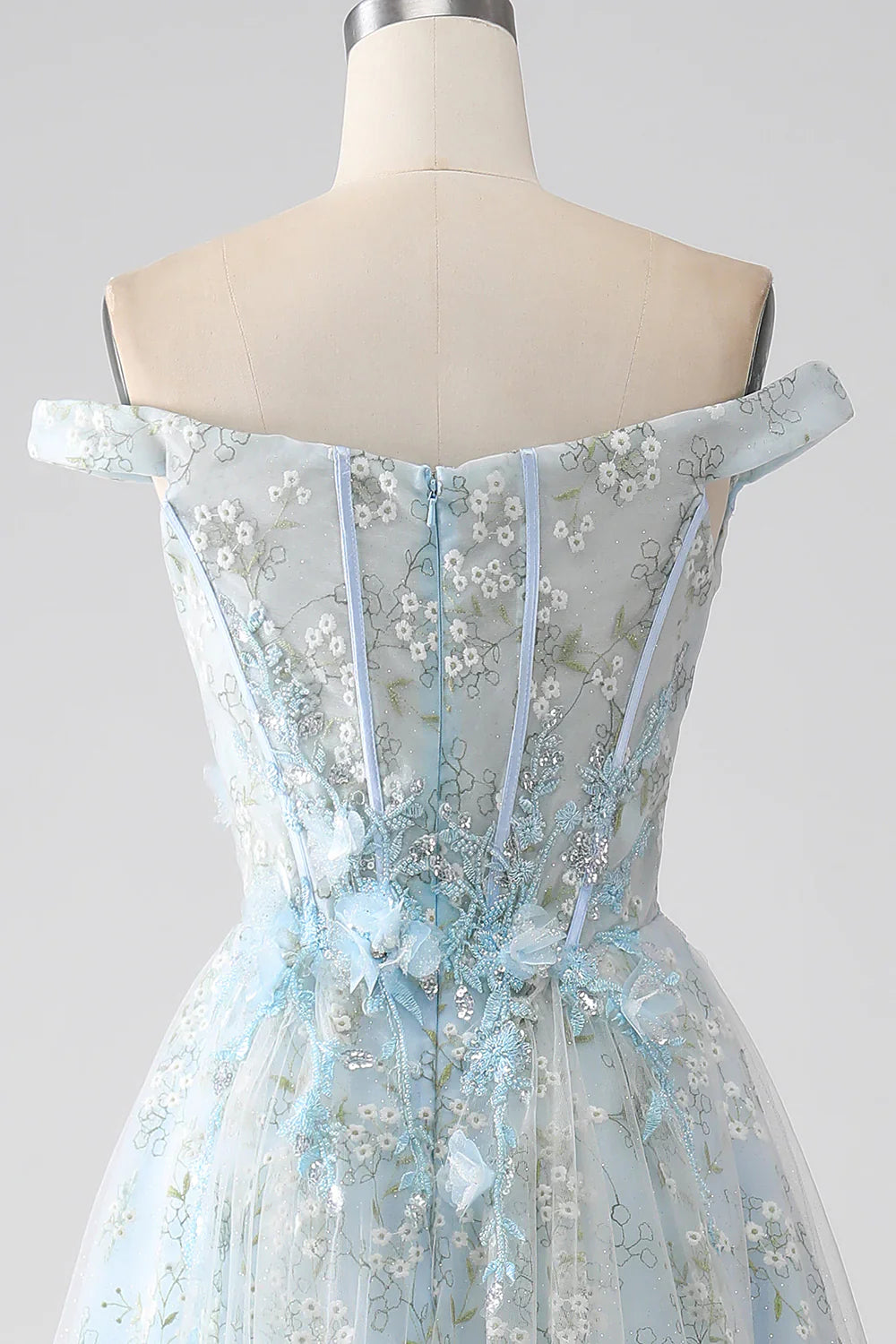 DingJiDress Light Blue A-Line Off the Shoulder Long Corset Prom Dress