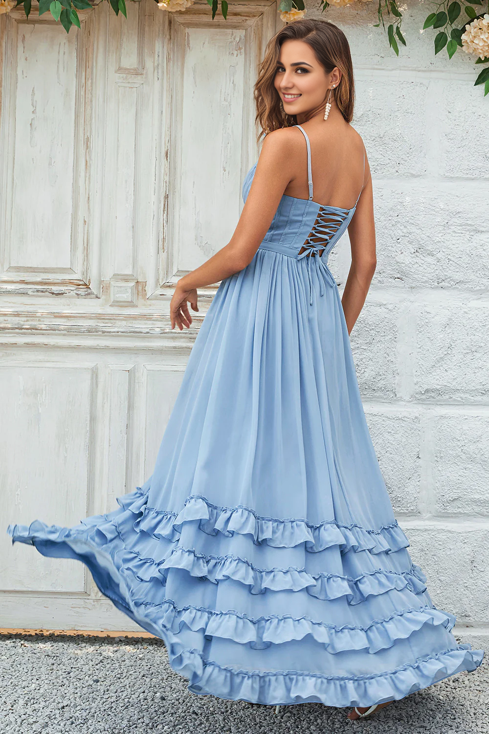 DingJiDress Dusty Blue Spaghetti Straps Wedding Guest Dresses Corset Long Prom Dress With Criss Cross Back