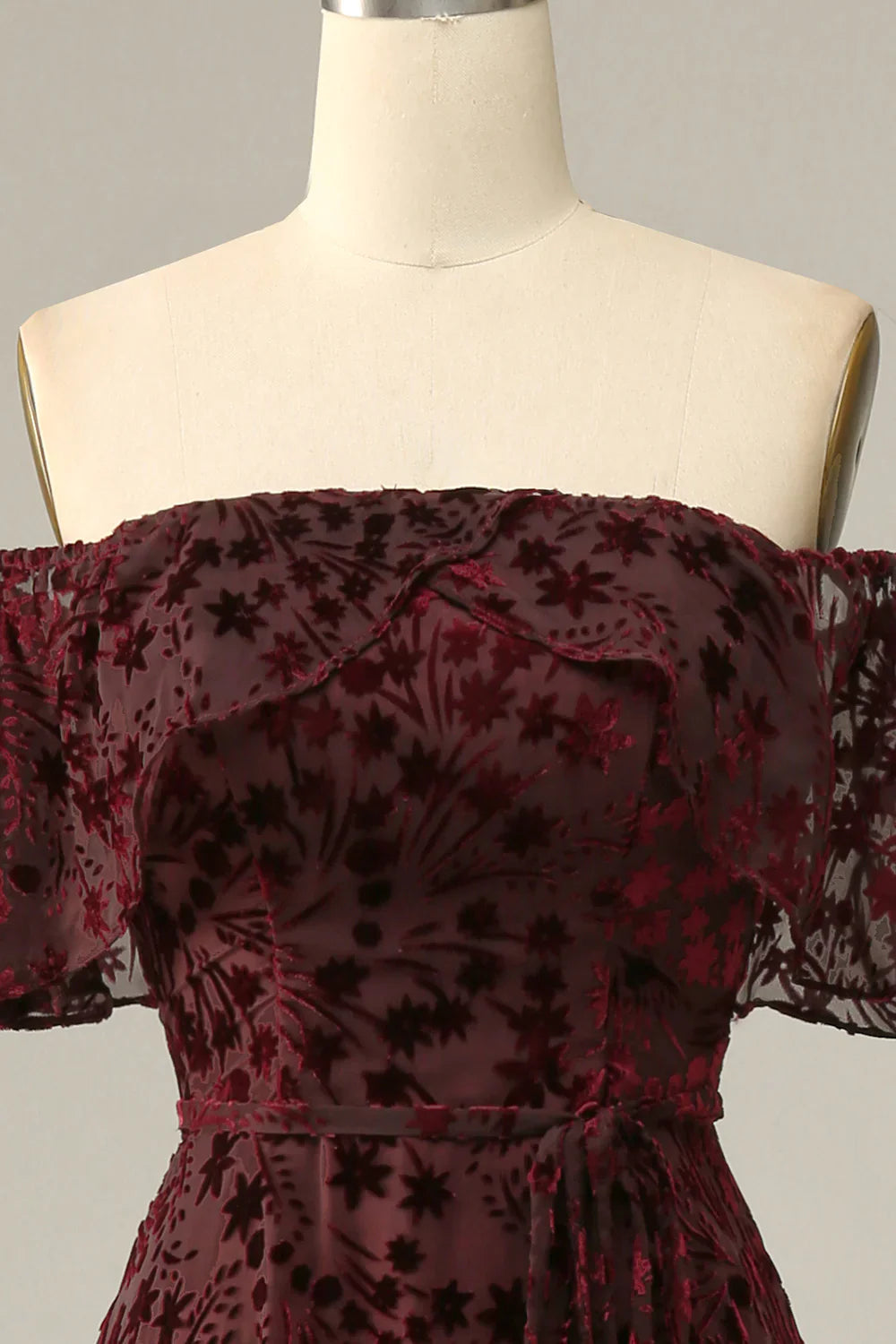 DingJiDress Burgundy Flower Off The Shoulder Evening Dress
