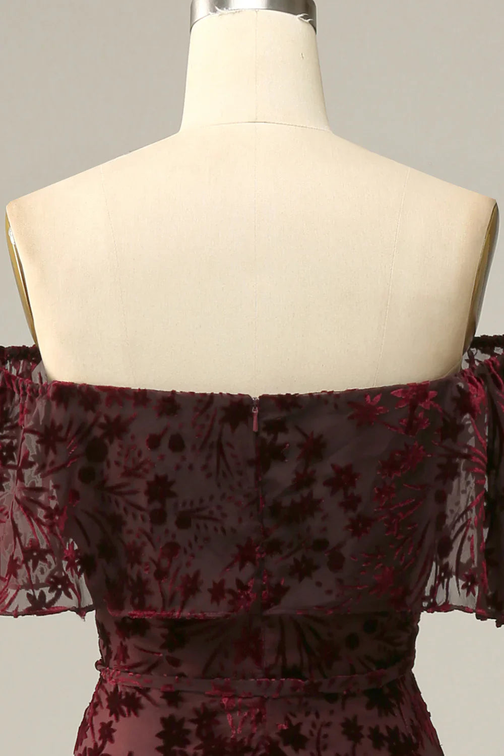 DingJiDress Burgundy Flower Off The Shoulder Evening Dress