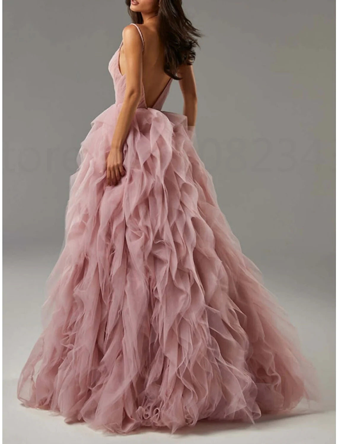 Pink Long Irregular Strap Mesh Ball Evening Dress