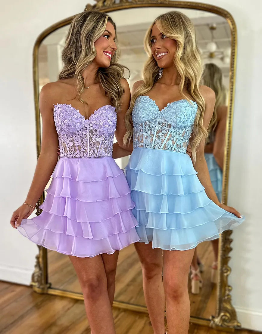 Elegant yellow sequin decal A-line strapless multi-layer back to school party dress