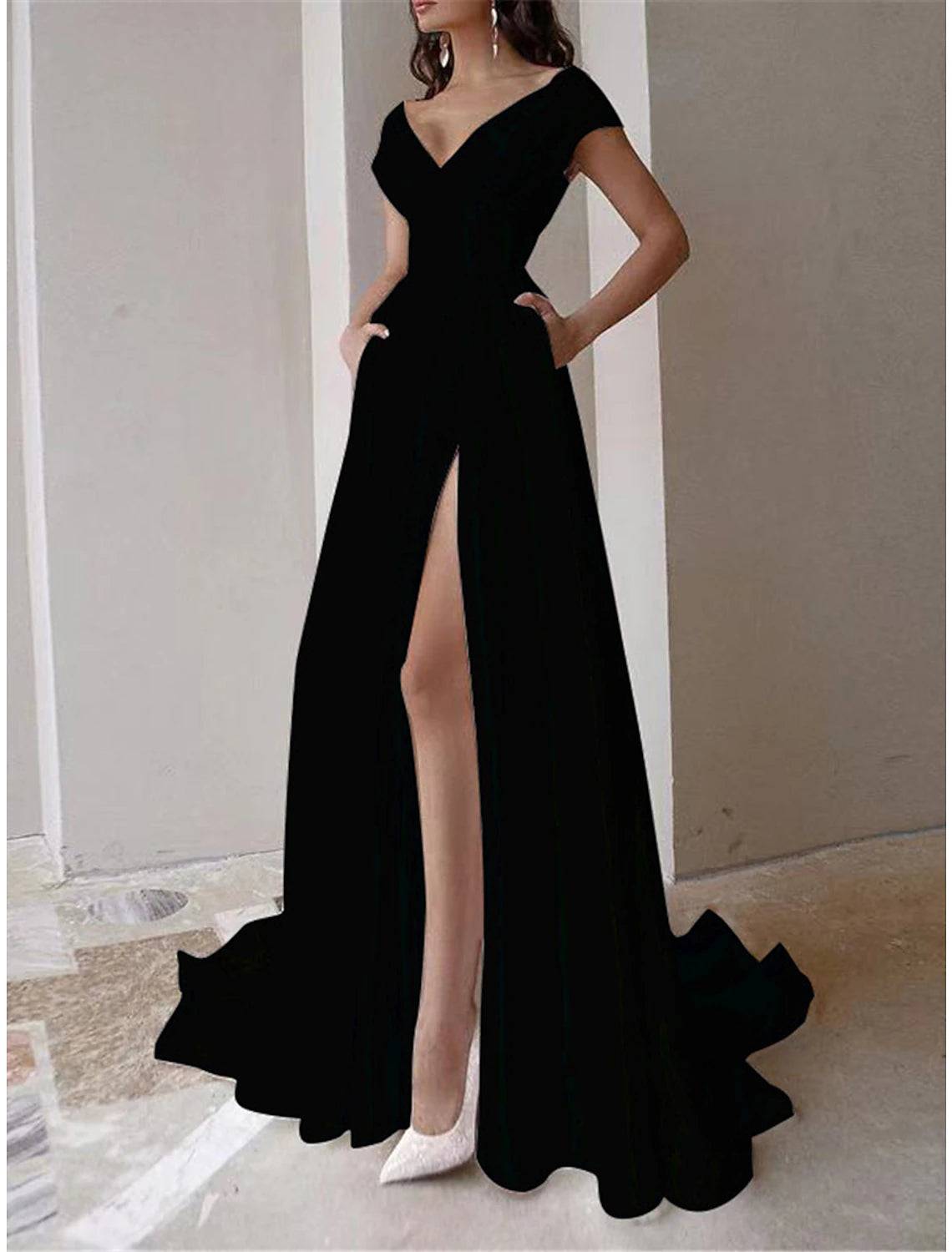 Women's White Dress Prom Dress Party Dress Ruffle Pocket V Neck Short Sleeve Wedding Guest Special Occasion Elegant Black White Summer Spring