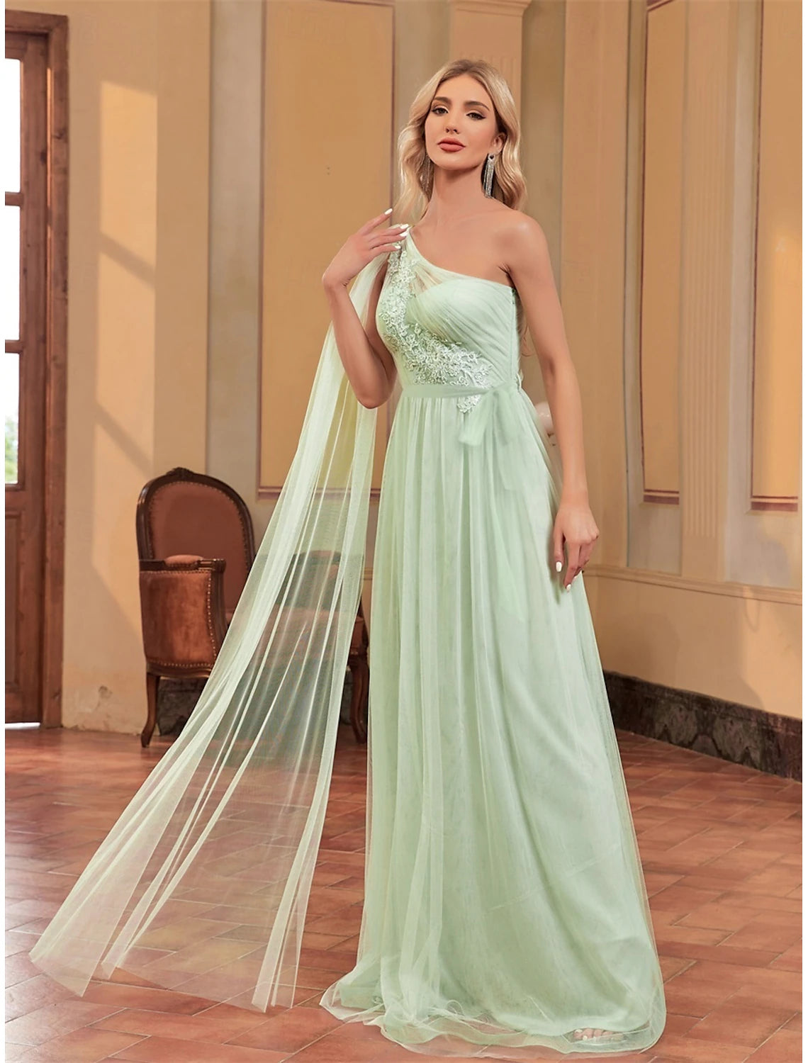 A-Line Quinceanera Dresses Elegant Dress Wedding Wedding Guest Floor Length Sleeveless One Shoulder Chiffon with Appliques