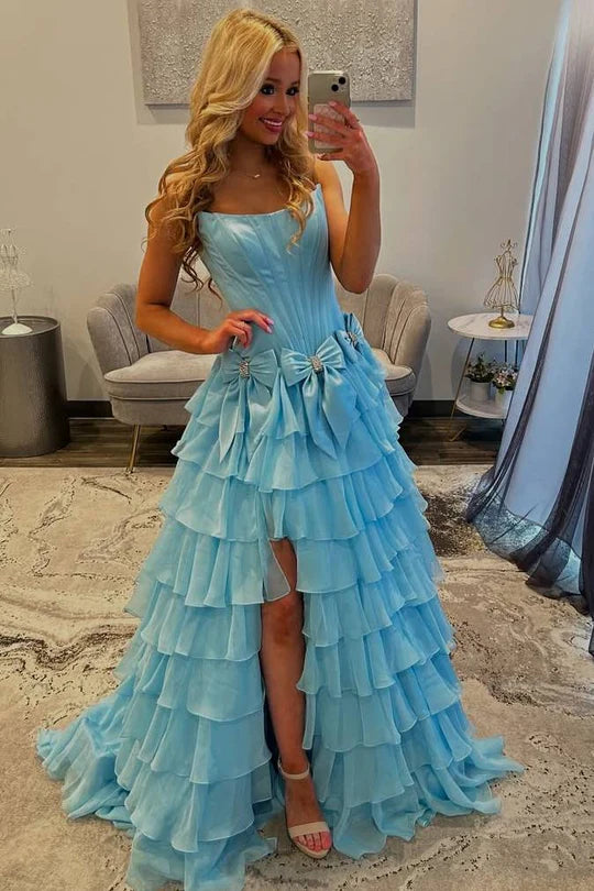 A-Line Strapless Scoop Empire-Waist Layered Prom Dress with Bows