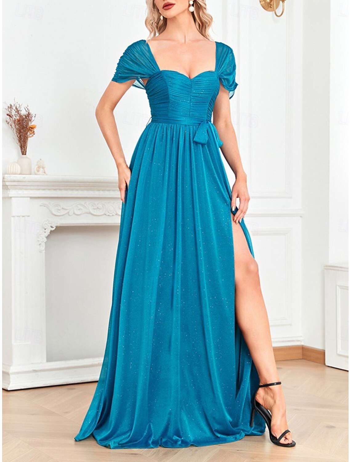 A-Line Quinceanera Dresses Party Dress Wedding Wedding Guest Floor Length Short Sleeve Square Neck Polyester with Glitter