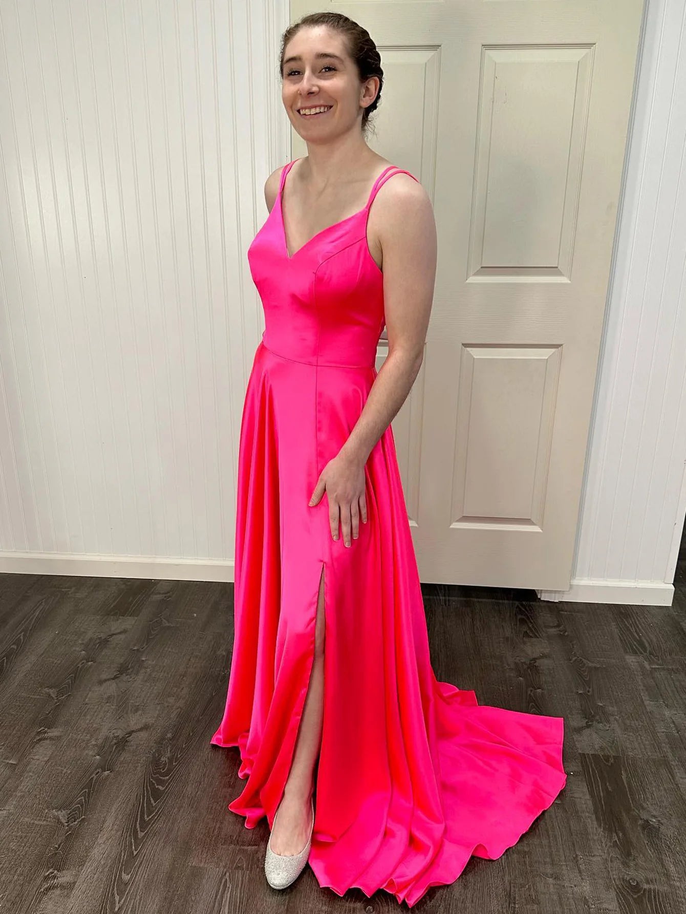 Hot Pink A-line Version V-neck Long Split Ball Dress