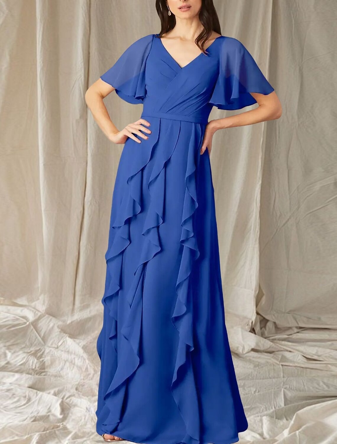 A-Line Mother of the Bride Dress Wedding Guest Elegant Sweet V Neck Floor Length Chiffon Short Sleeve Long Sleeve with Cascading Ruffles Ruching