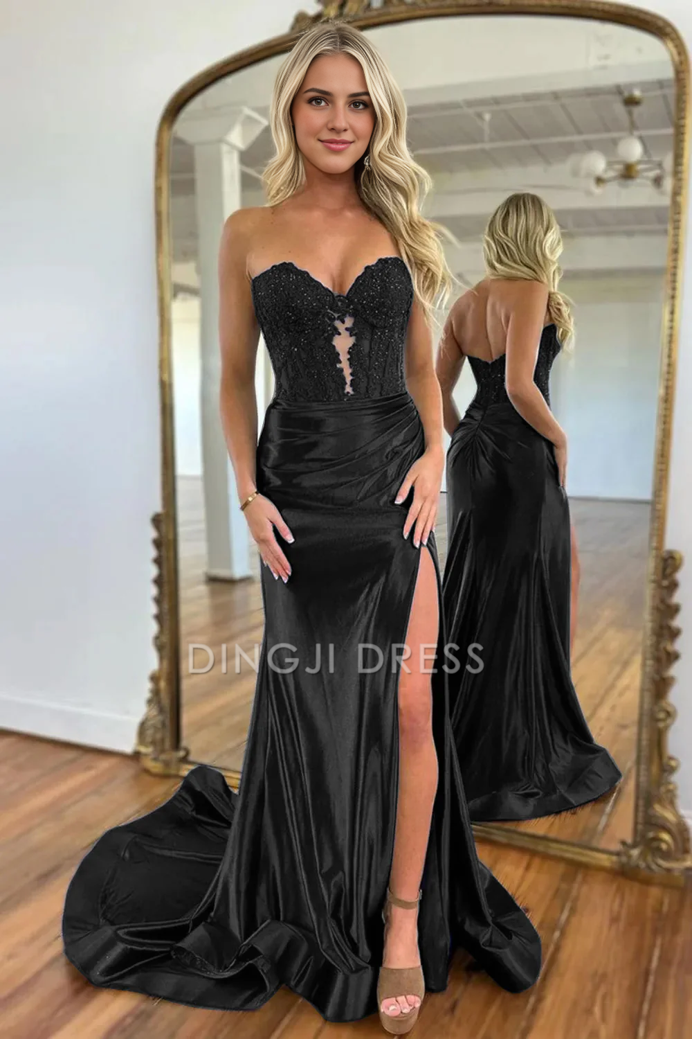 DingJiDress Sweetheart Mermaid Long Satin Pleated With Split Elegant Prom Dress