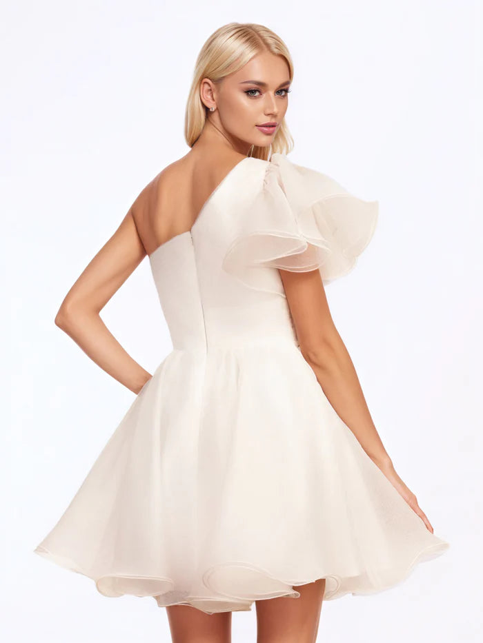 One Shoulder Ruffle Tulle Ivory Homecoming Dress