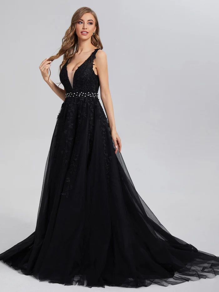 V-neck Backless Appliques Satin Prom Dresses